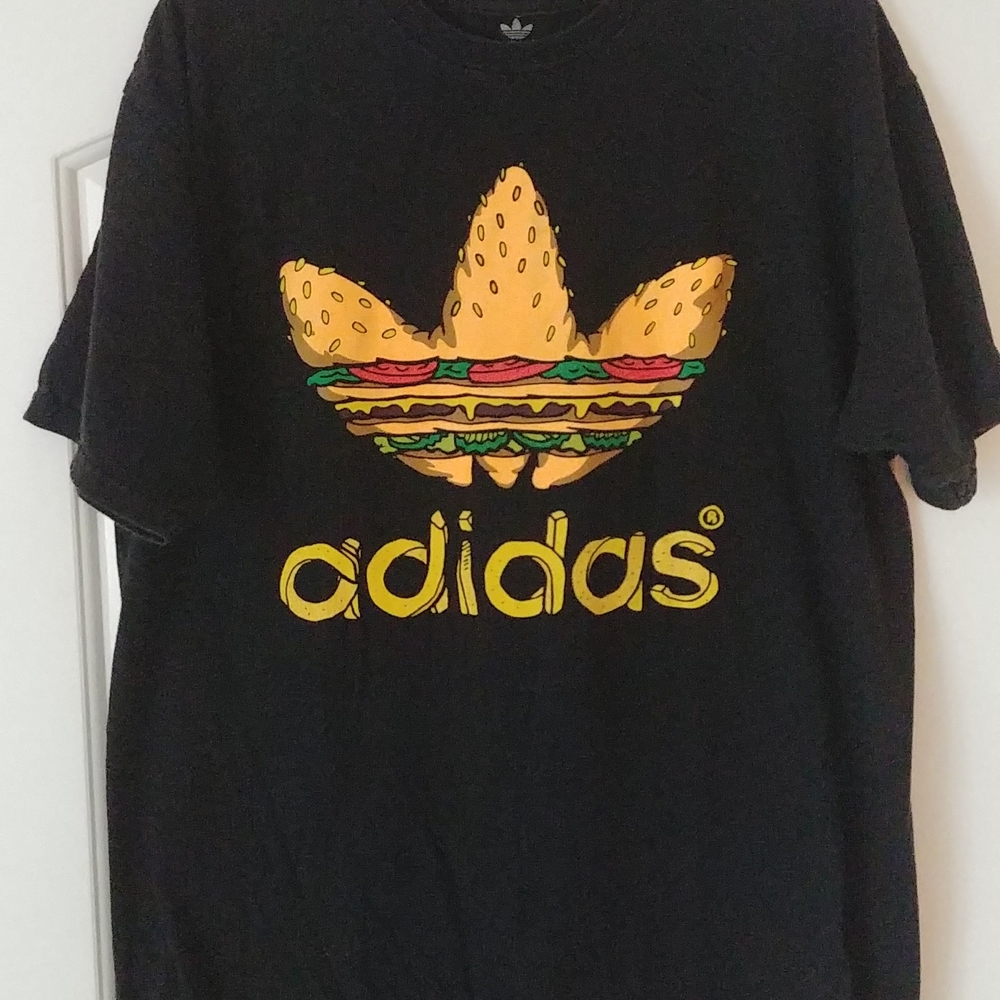 Adidas Black T-shirt with Logo as hamburger and fries